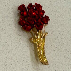 Vintage Red Rose Bouquet Brooch
